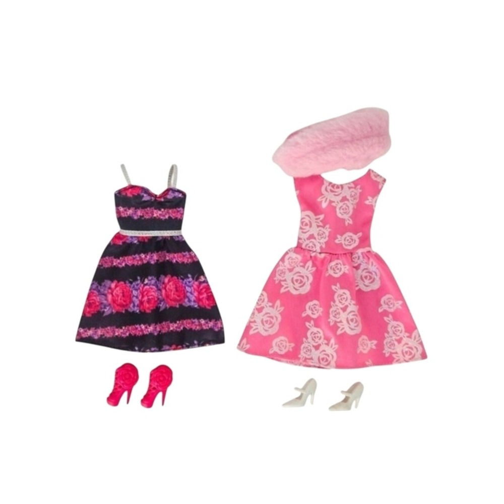 Barbie Pink Floral Party Dresses & Shoes (Set of 2)- Doll Outfit Clothes Lot